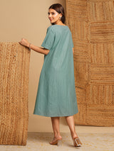Embroidered A line dress in cotton stripe fabric with button detailing