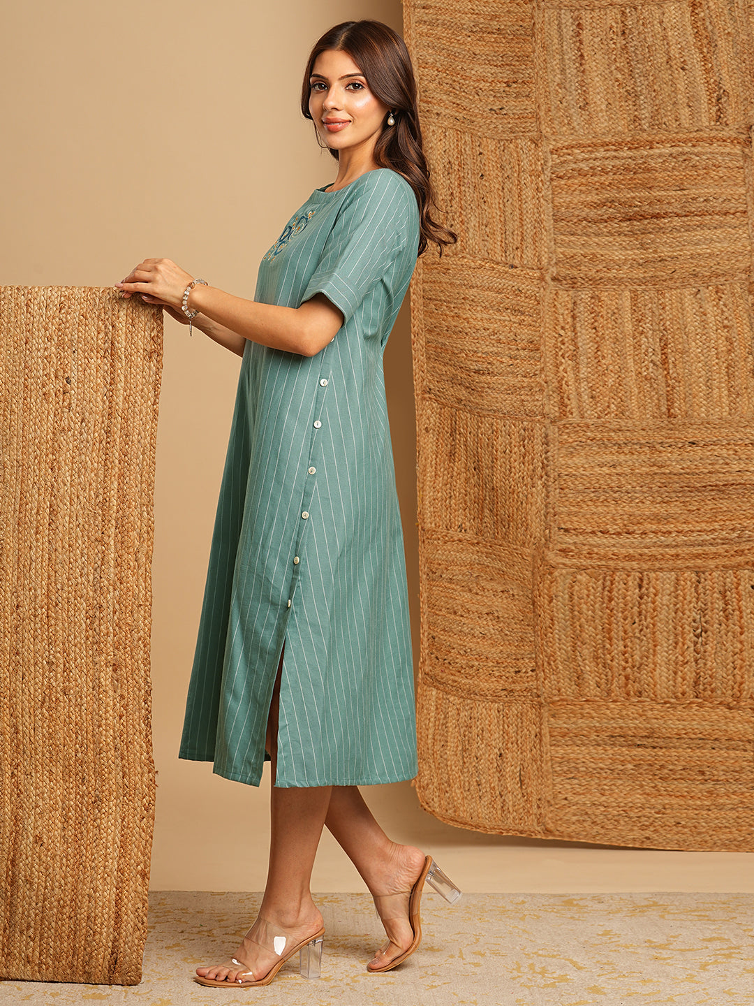 Embroidered A line dress in cotton stripe fabric with button detailing