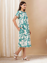 Printed cotton dress with hand embroidery and pocket