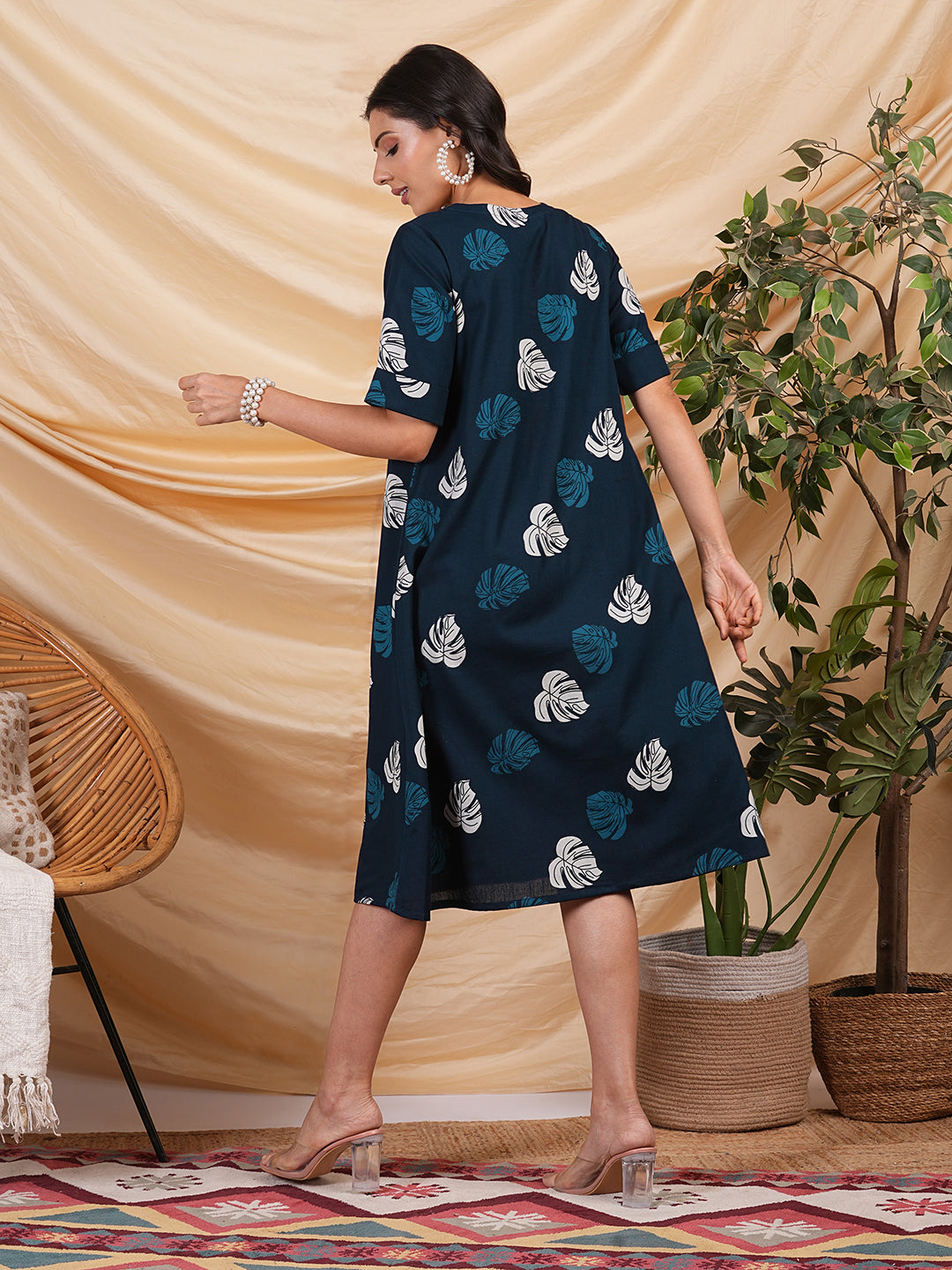 printed cotton a line dress with box pleat and pocket
