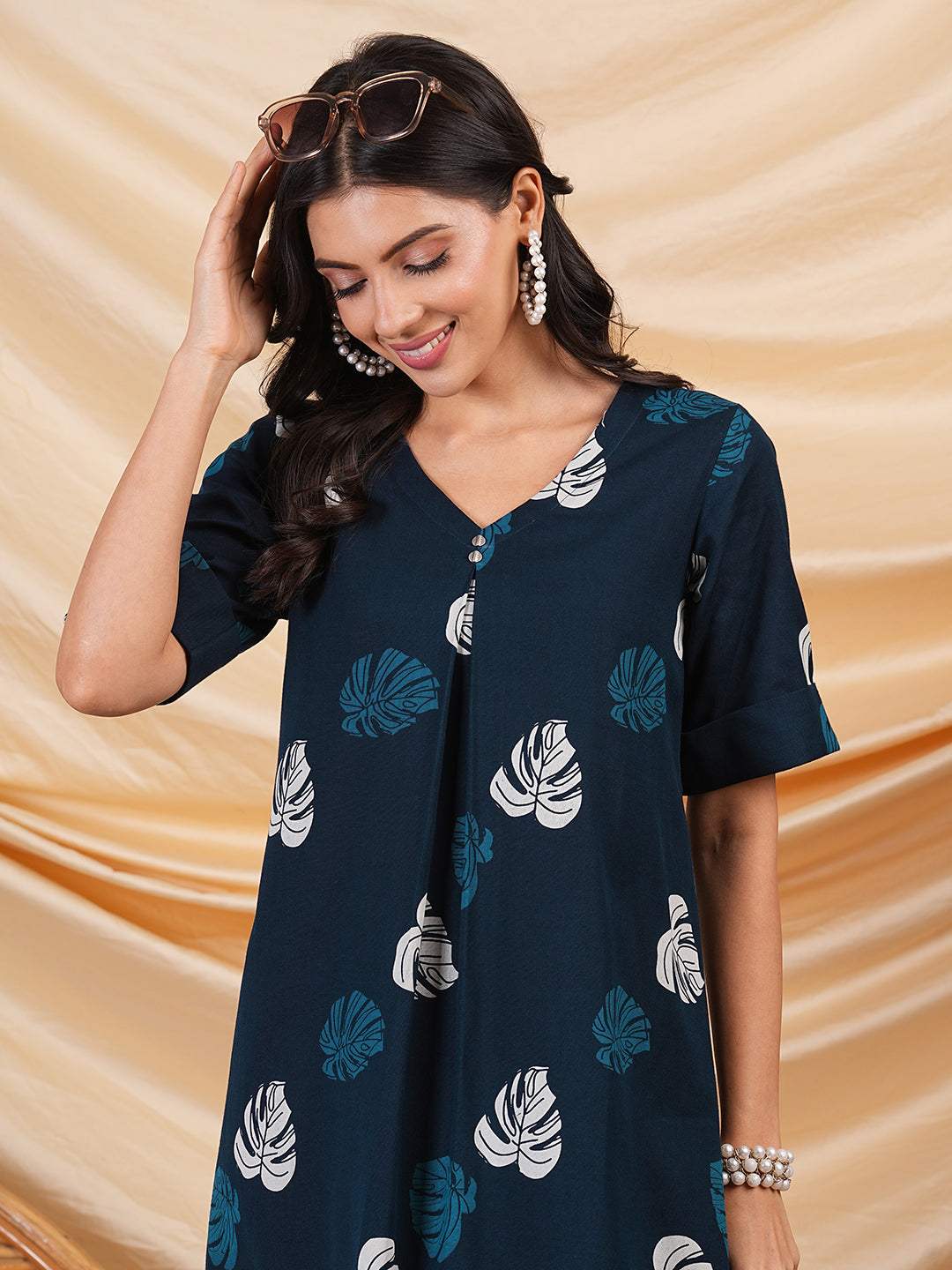 printed cotton a line dress with box pleat and pocket