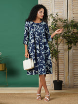 Pleated cotton printed dress with pocket