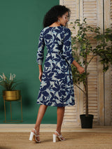 Pleated cotton printed dress with pocket