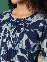 Pleated cotton printed dress with pocket