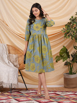 Floral printed Fit and Flare dress with bishop sleeve