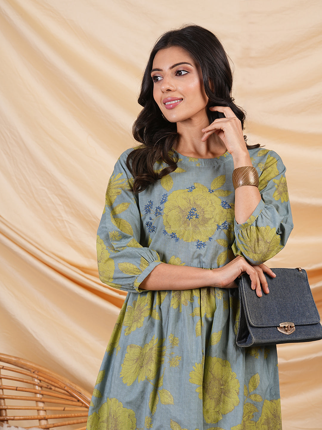 Floral printed Fit and Flare dress with bishop sleeve