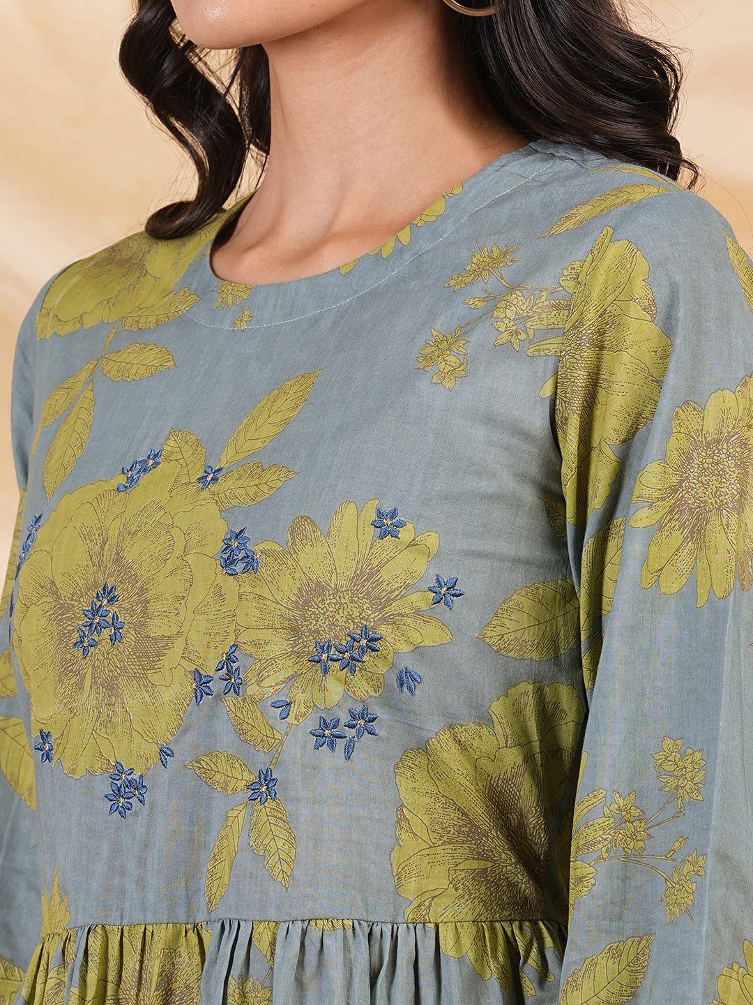 Floral printed Fit and Flare dress with bishop sleeve