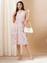 straight panelled floral printed flex dress comes with front detailing, belt and pocket