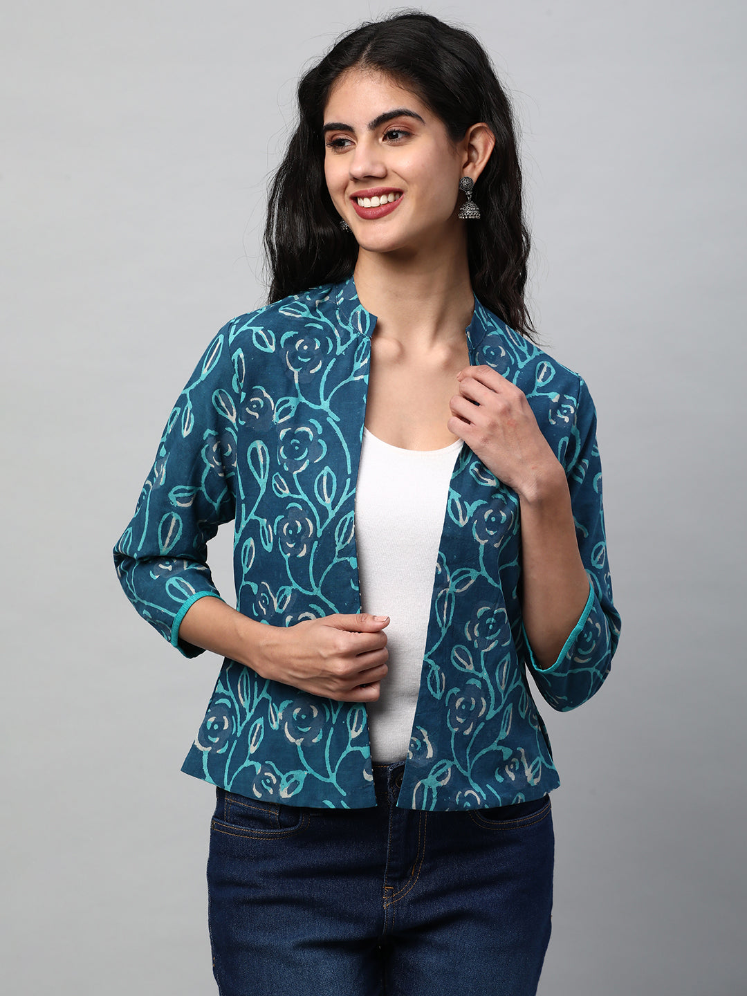 Reversible Short Jacket with Floral hand crafted dhabu block print