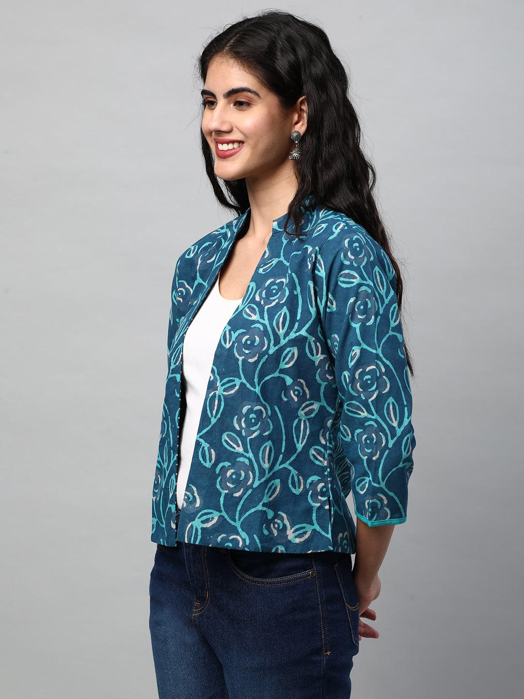 Reversible Short Jacket with Floral hand crafted dhabu block print