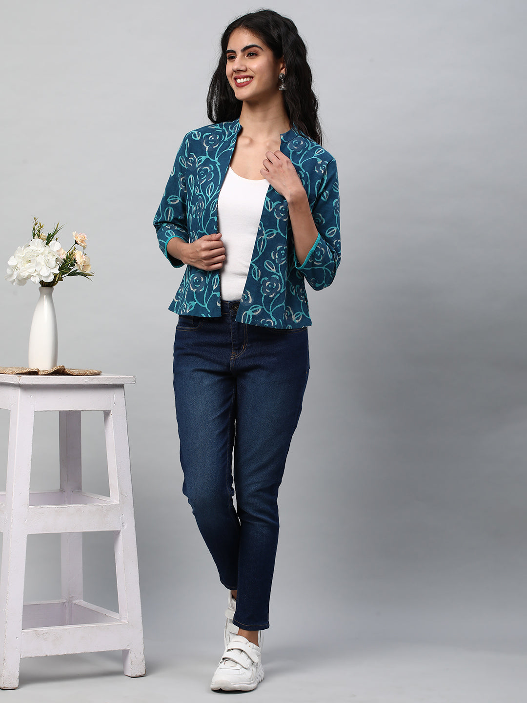 Reversible Short Jacket with Floral hand crafted dhabu block print