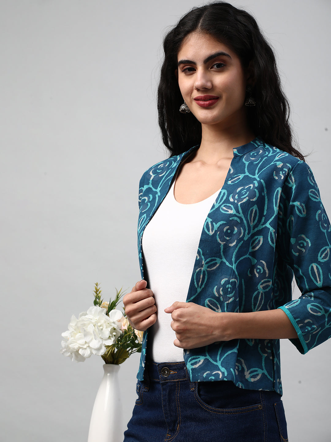 Reversible Short Jacket with Floral hand crafted dhabu block print
