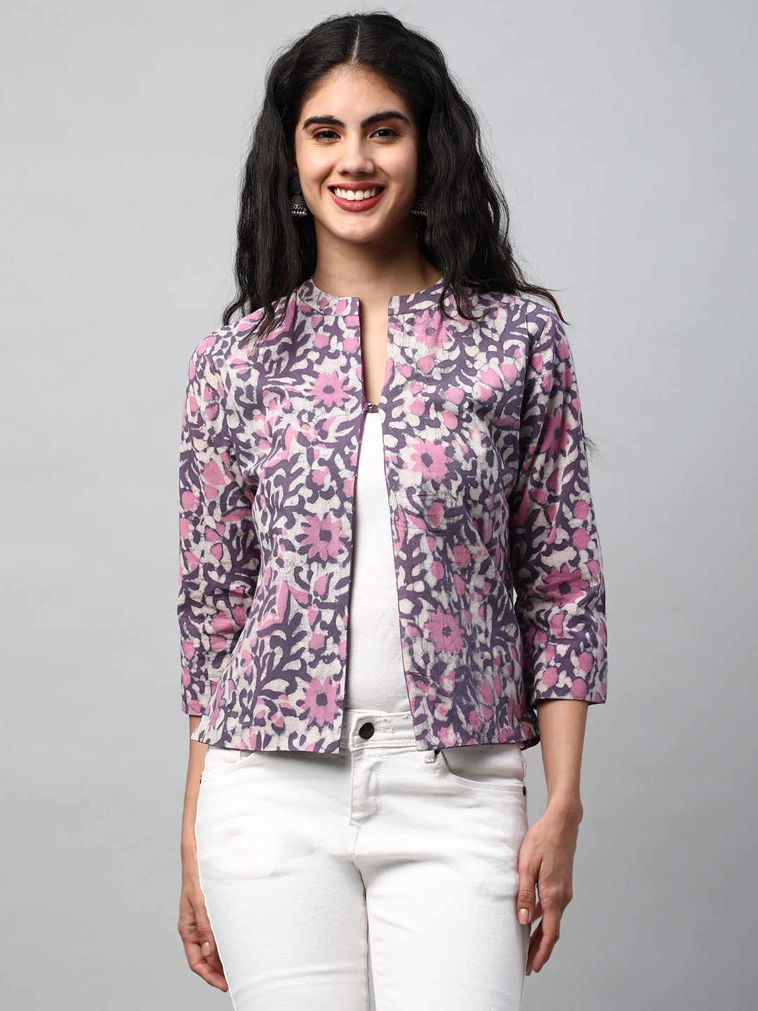 Reversible Short Jacket with Floral hand crafted dhabu block print