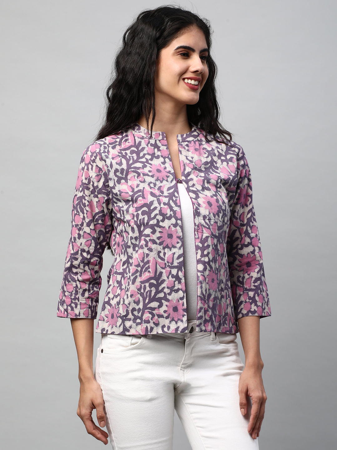Reversible Short Jacket with Floral hand crafted dhabu block print