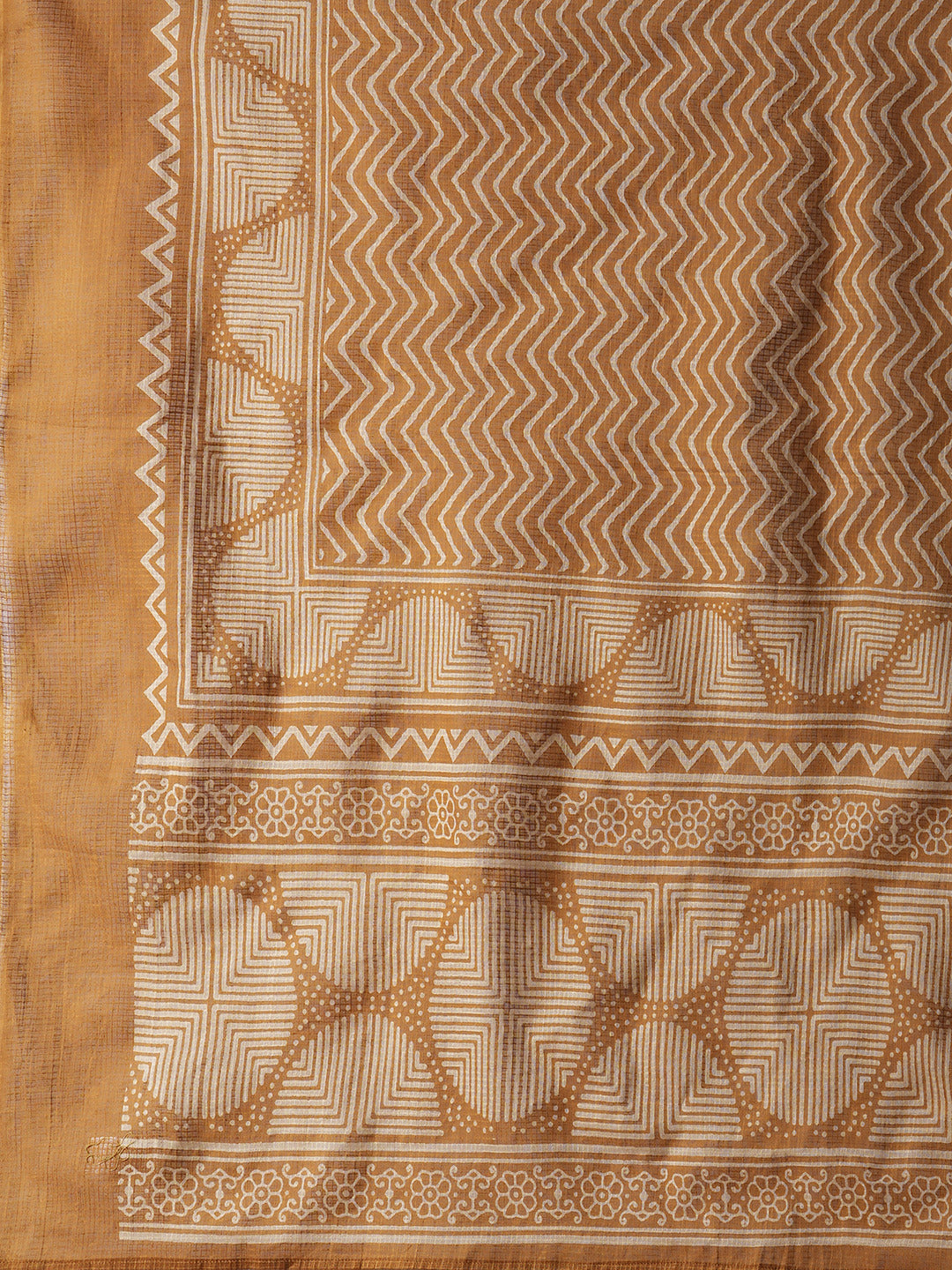 Green straight kurta set with geometrically printed mustard kota dupatta