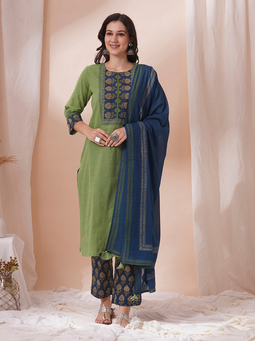 Block printed kurta suit set with printed dupatta and printed pant.