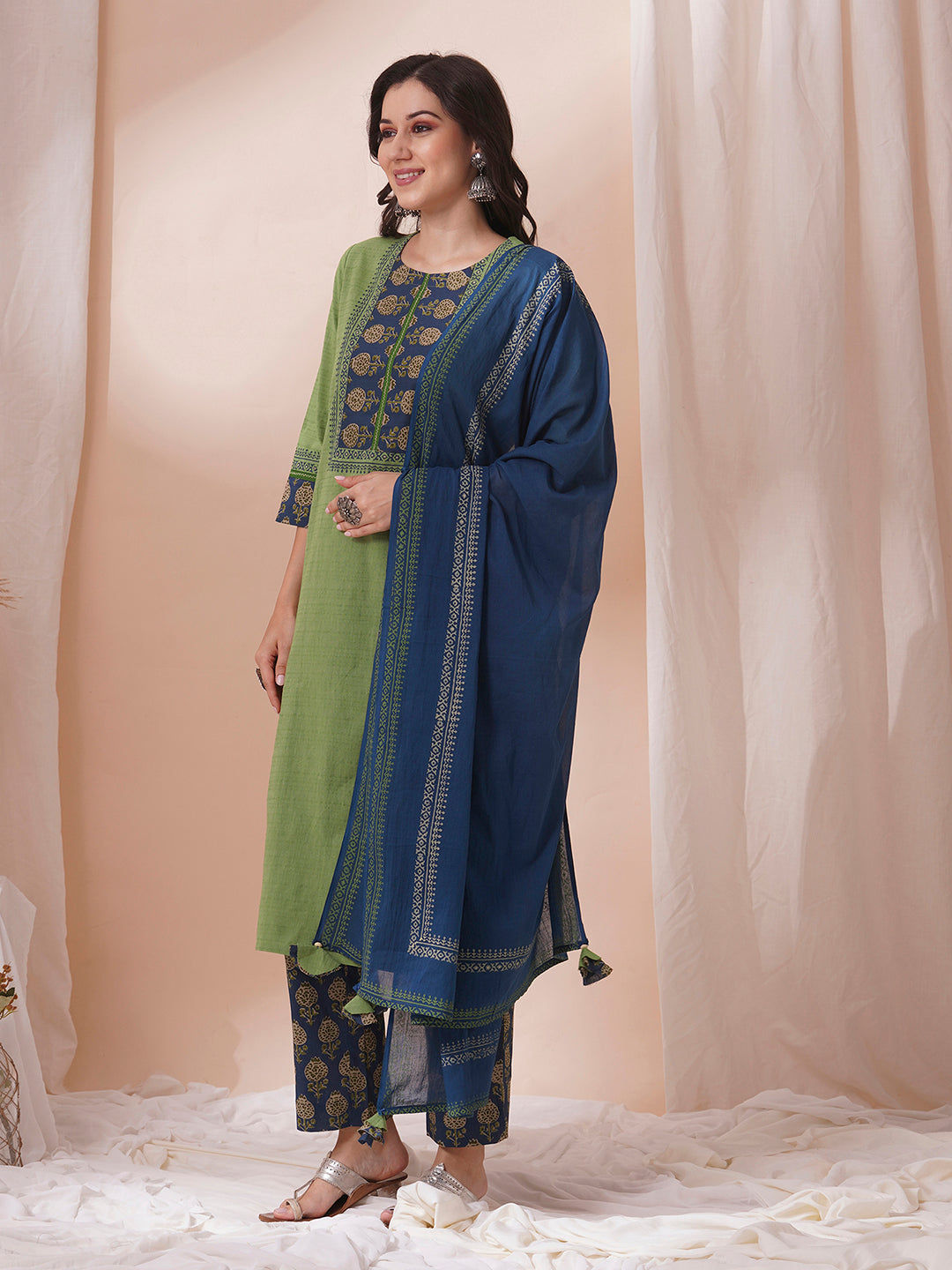Block printed kurta suit set with printed dupatta and printed pant.
