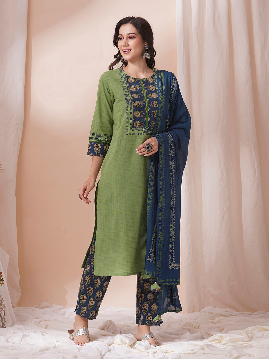 Block printed kurta suit set with printed dupatta and printed pant.