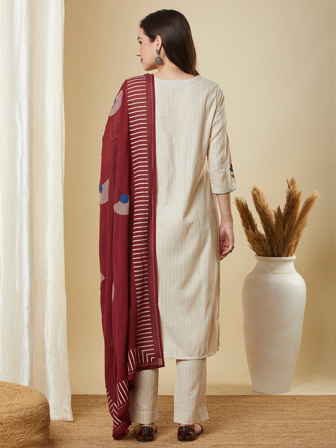 Beige Kantha straight kurta with modern applique combined with a marron block-printed mull dupatta and self bottom