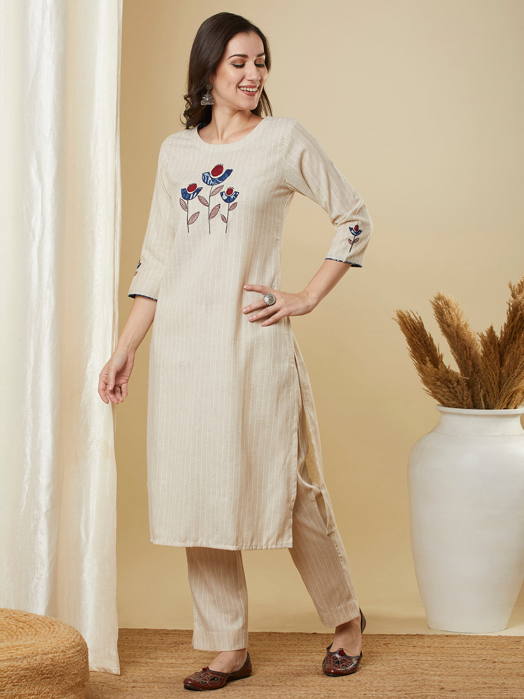 Beige Kantha straight kurta with modern applique combined with a marron block-printed mull dupatta and self bottom