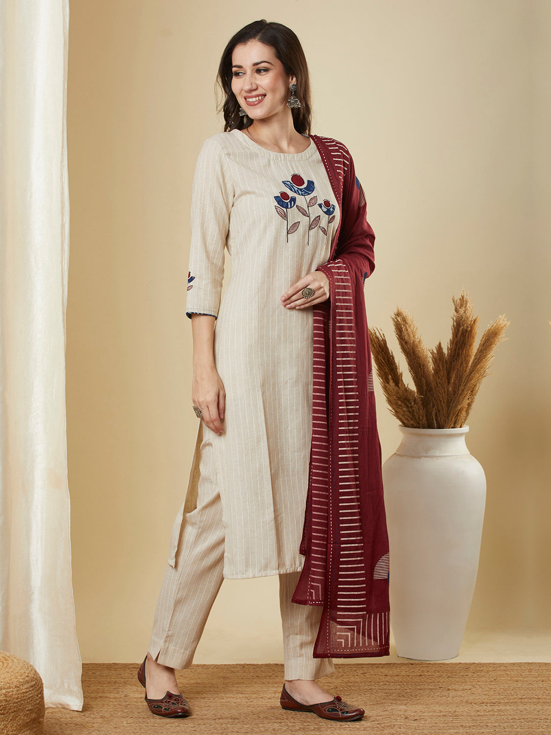 Beige Kantha straight kurta with modern applique combined with a marron block-printed mull dupatta and self bottom