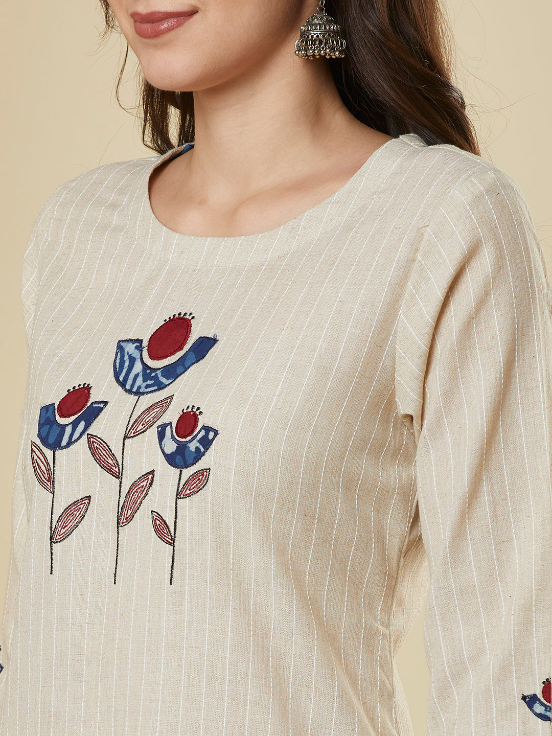 Beige Kantha straight kurta with modern applique combined with a marron block-printed mull dupatta and self bottom