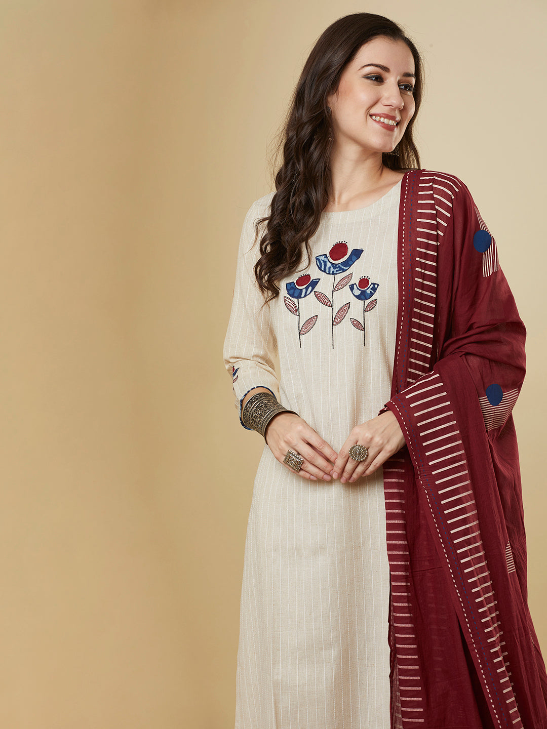 Beige Kantha straight kurta with modern applique combined with a marron block-printed mull dupatta and self bottom