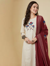 Beige Kantha straight kurta with modern applique combined with a marron block-printed mull dupatta and self bottom