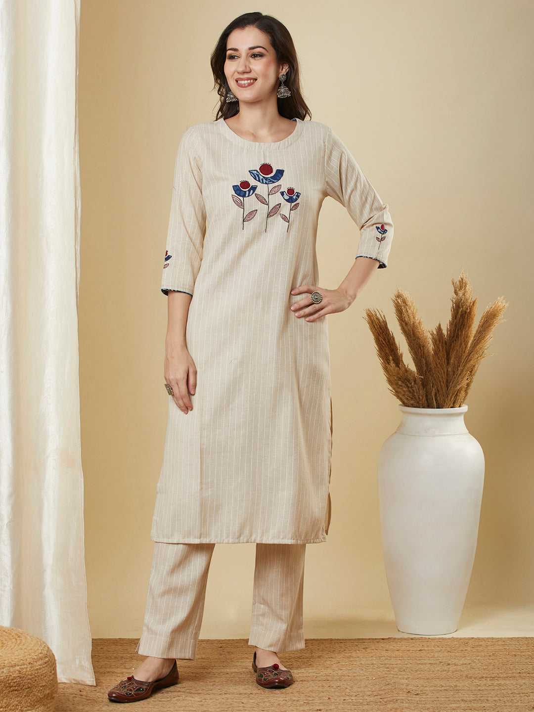 Beige Kantha straight kurta with modern applique combined with a marron block-printed mull dupatta and self bottom