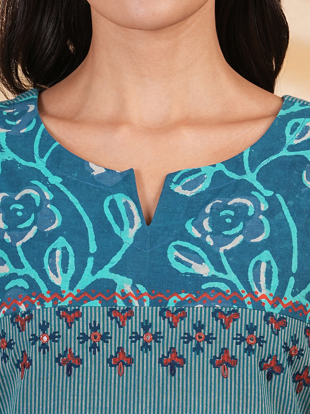 A line striped kurta with printed cotton trim,block print and hand embroidery