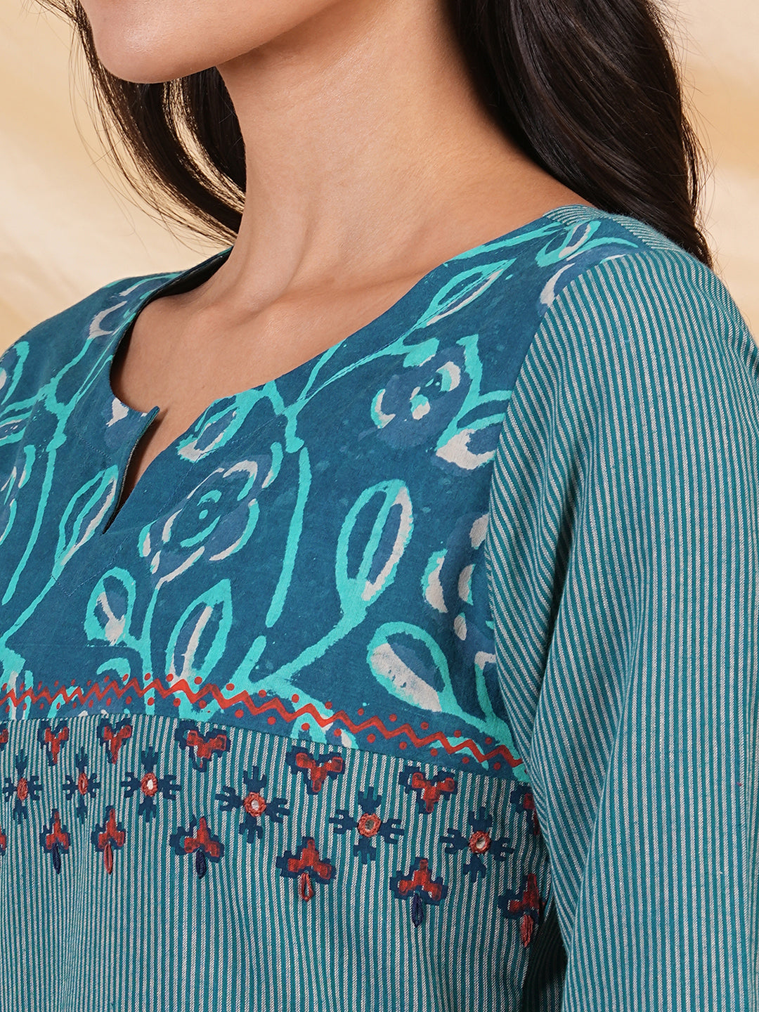 A line striped kurta with printed cotton trim,block print and hand embroidery