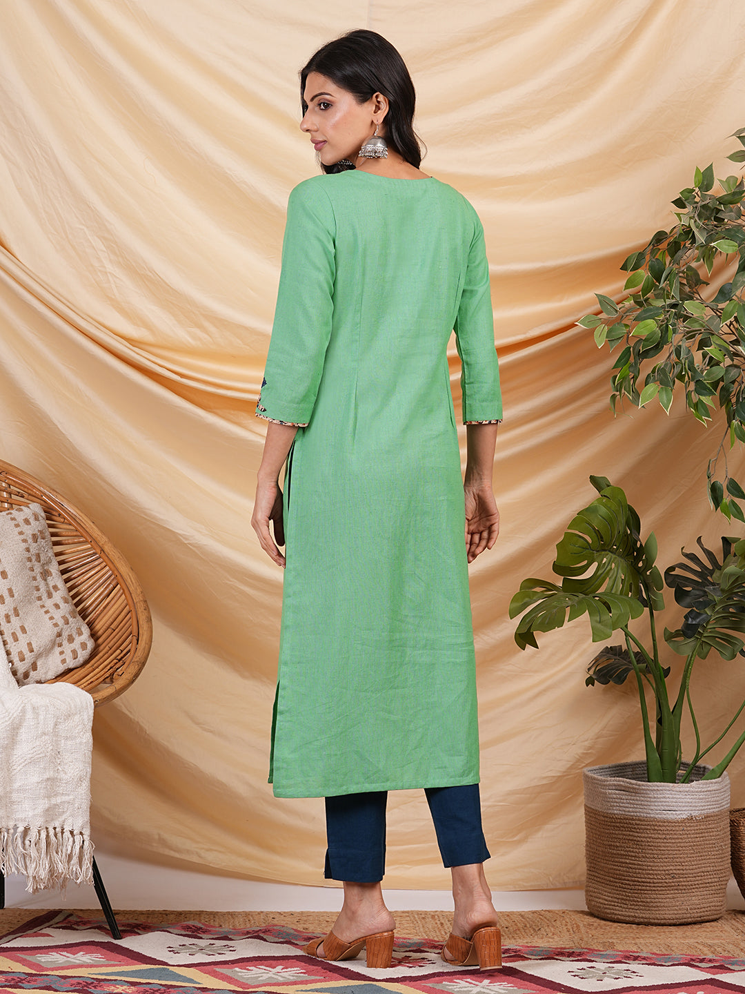 Straight Cotton flax kurta with hand embroidery and hand applique detailing