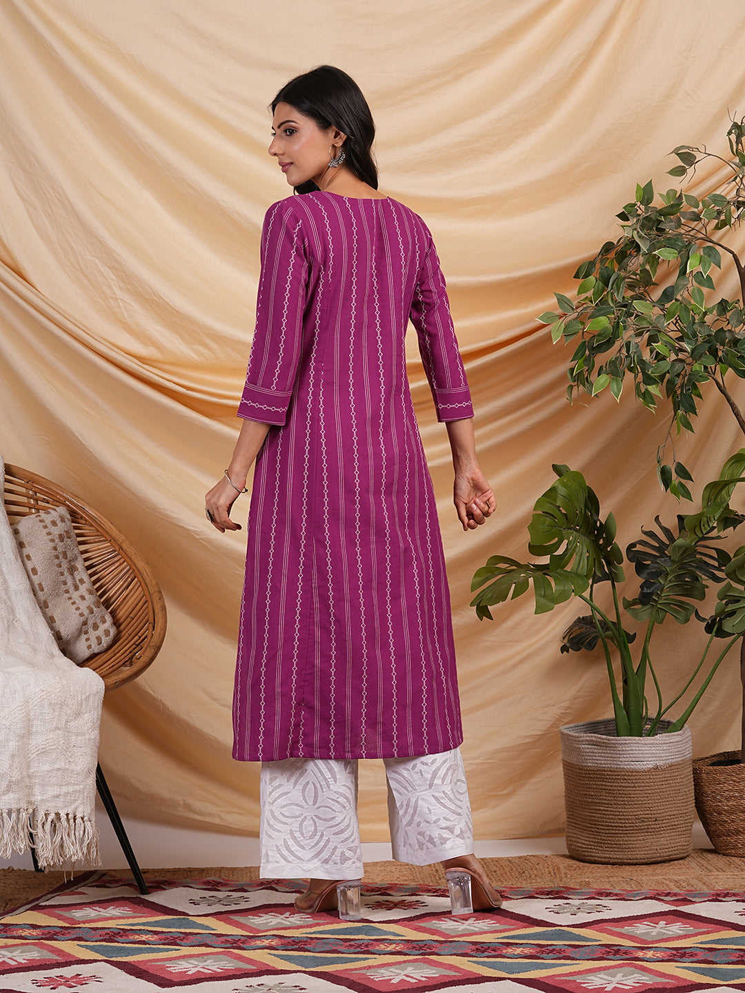 A line woven kurta with a shoulder princess line with a central placket
