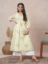 A-line cotton kurta  with embroidered neckline and blend of two different prints