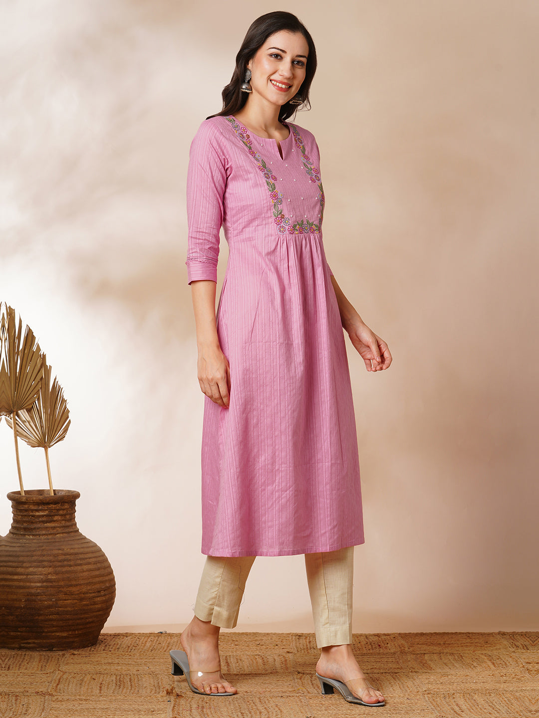 A-line kurta with beautifully embroidered yoke with beadwork detailing