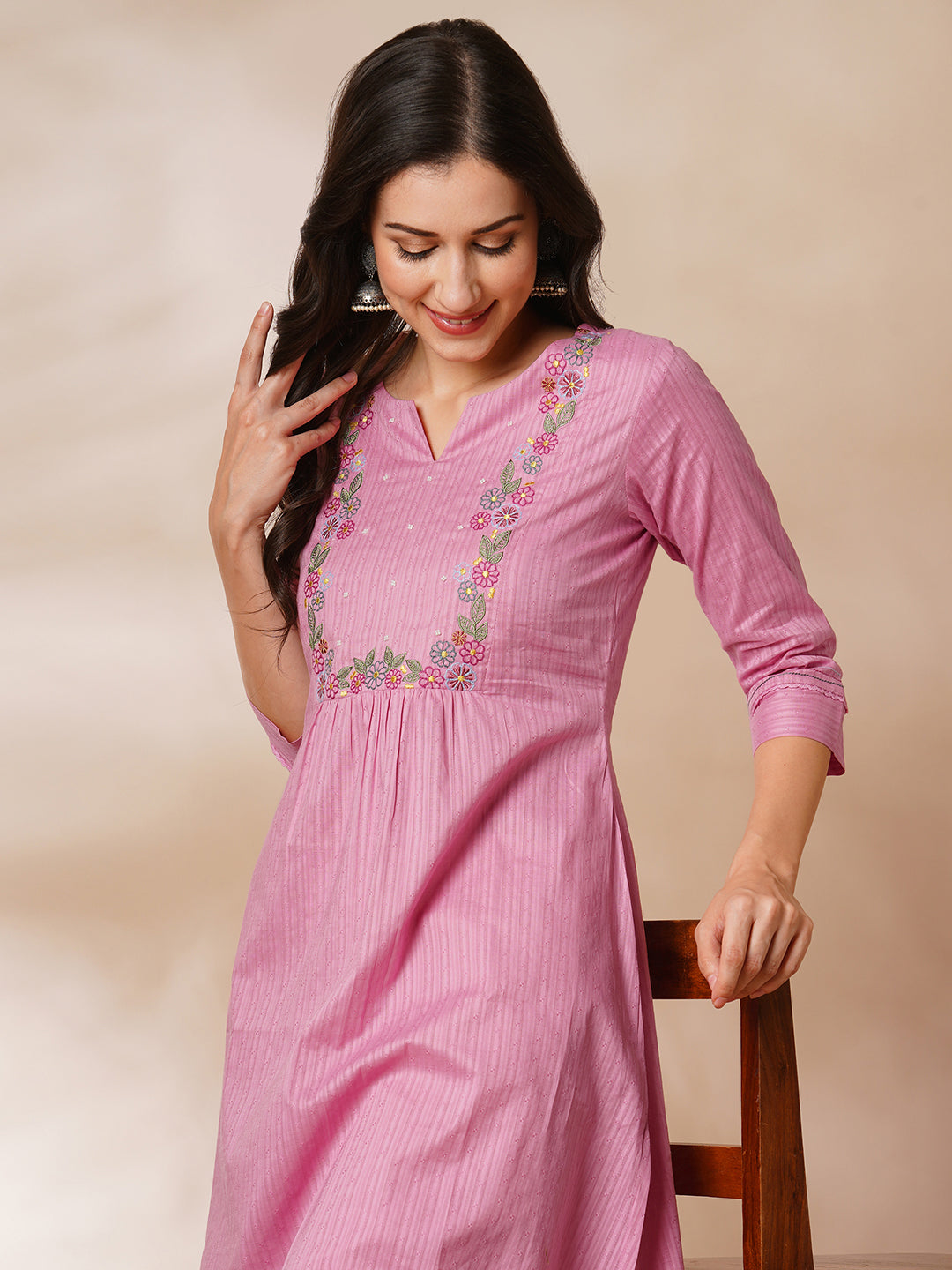 A-line kurta with beautifully embroidered yoke with beadwork detailing