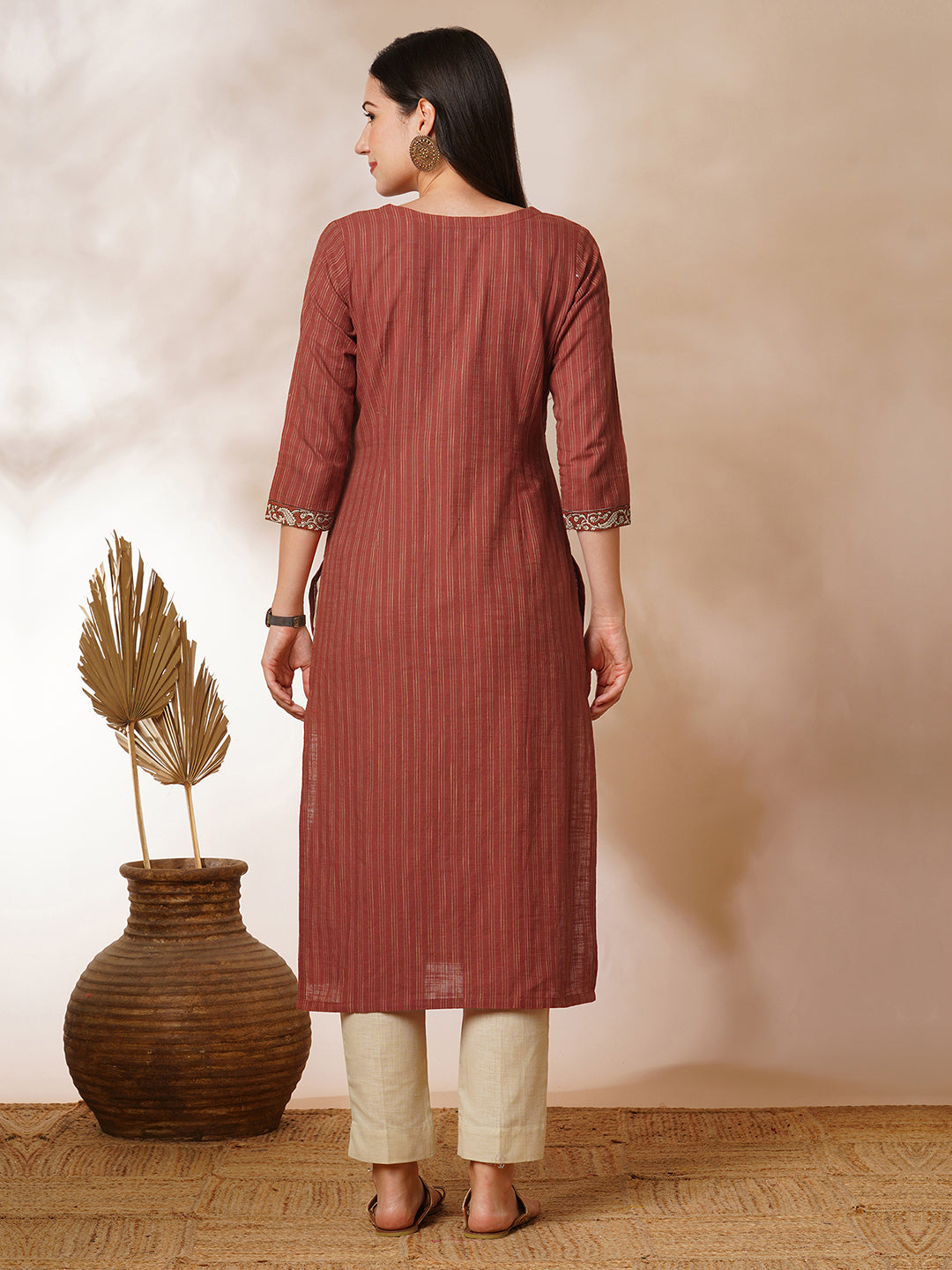 Straight kurta in striped cotton fabric with block printed yoke