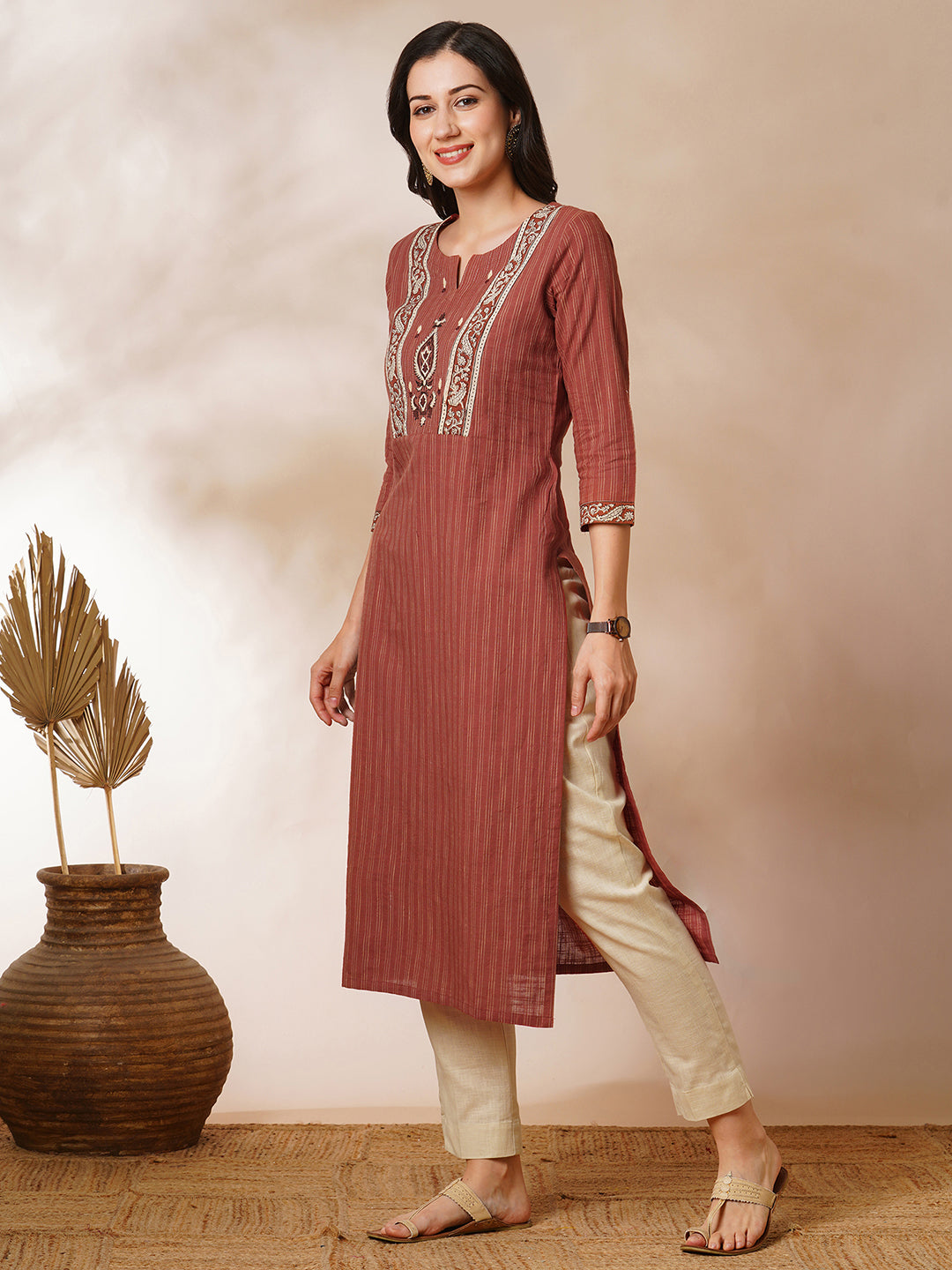 Straight kurta in striped cotton fabric with block printed yoke