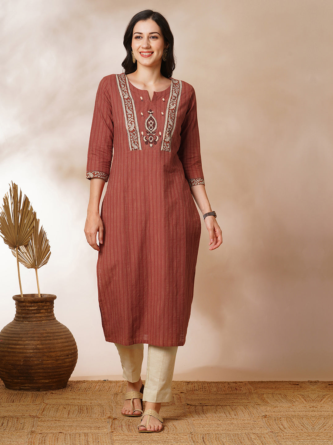 Straight kurta in striped cotton fabric with block printed yoke