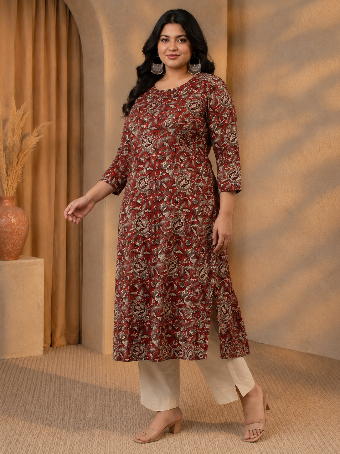 Plus Size- Elegant A-Line Cotton Kurta Featuring All-Over Print with Center Placket