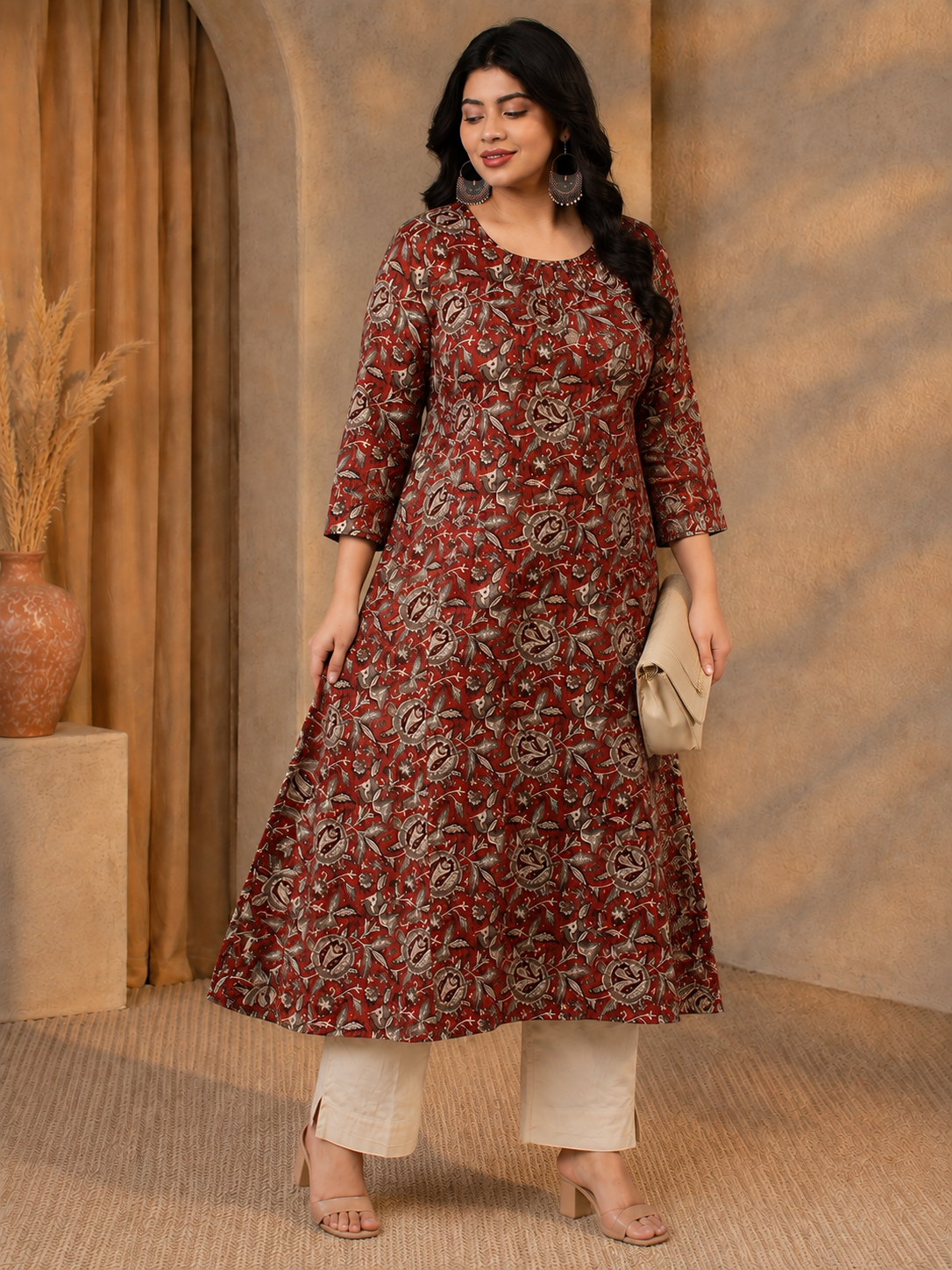 Plus Size- Elegant A-Line Cotton Kurta Featuring All-Over Print with Center Placket