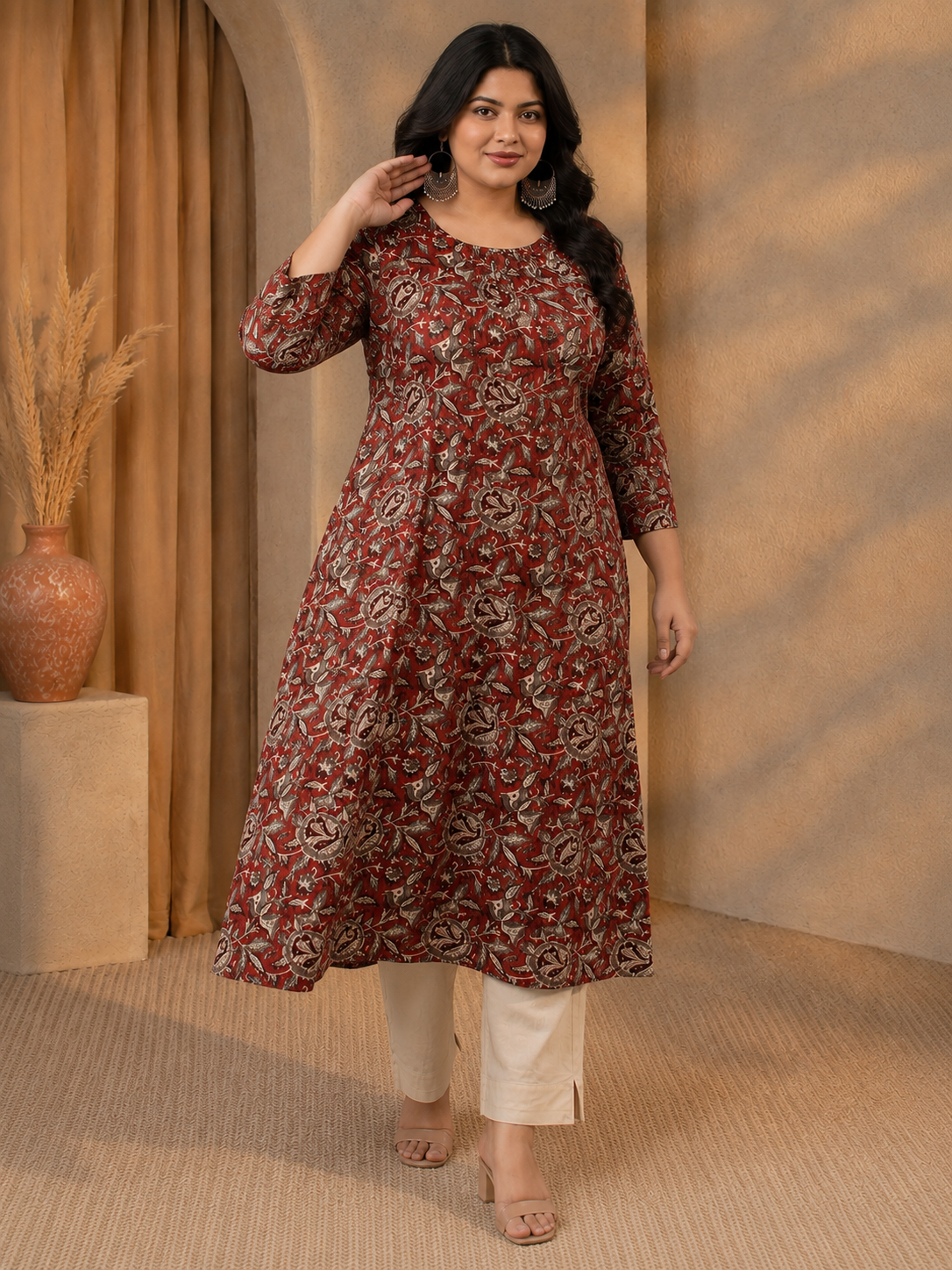 Plus Size- Elegant A-Line Cotton Kurta Featuring All-Over Print with Center Placket