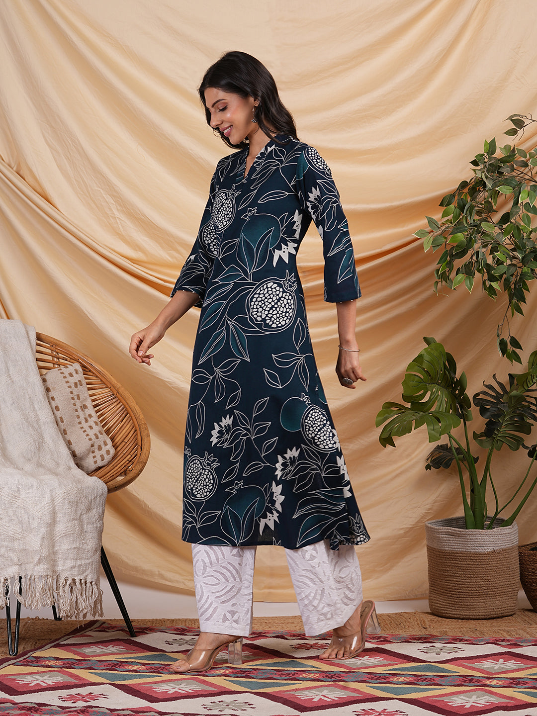 Flared bold printed flex kurta with bead works and pocket