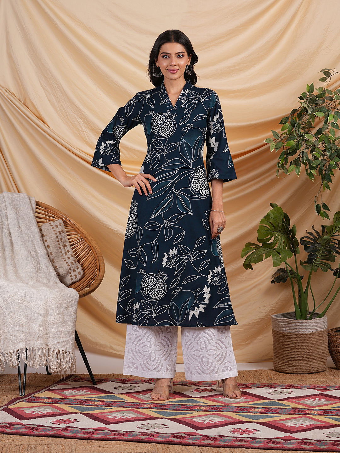Flared bold printed flex kurta with bead works and pocket