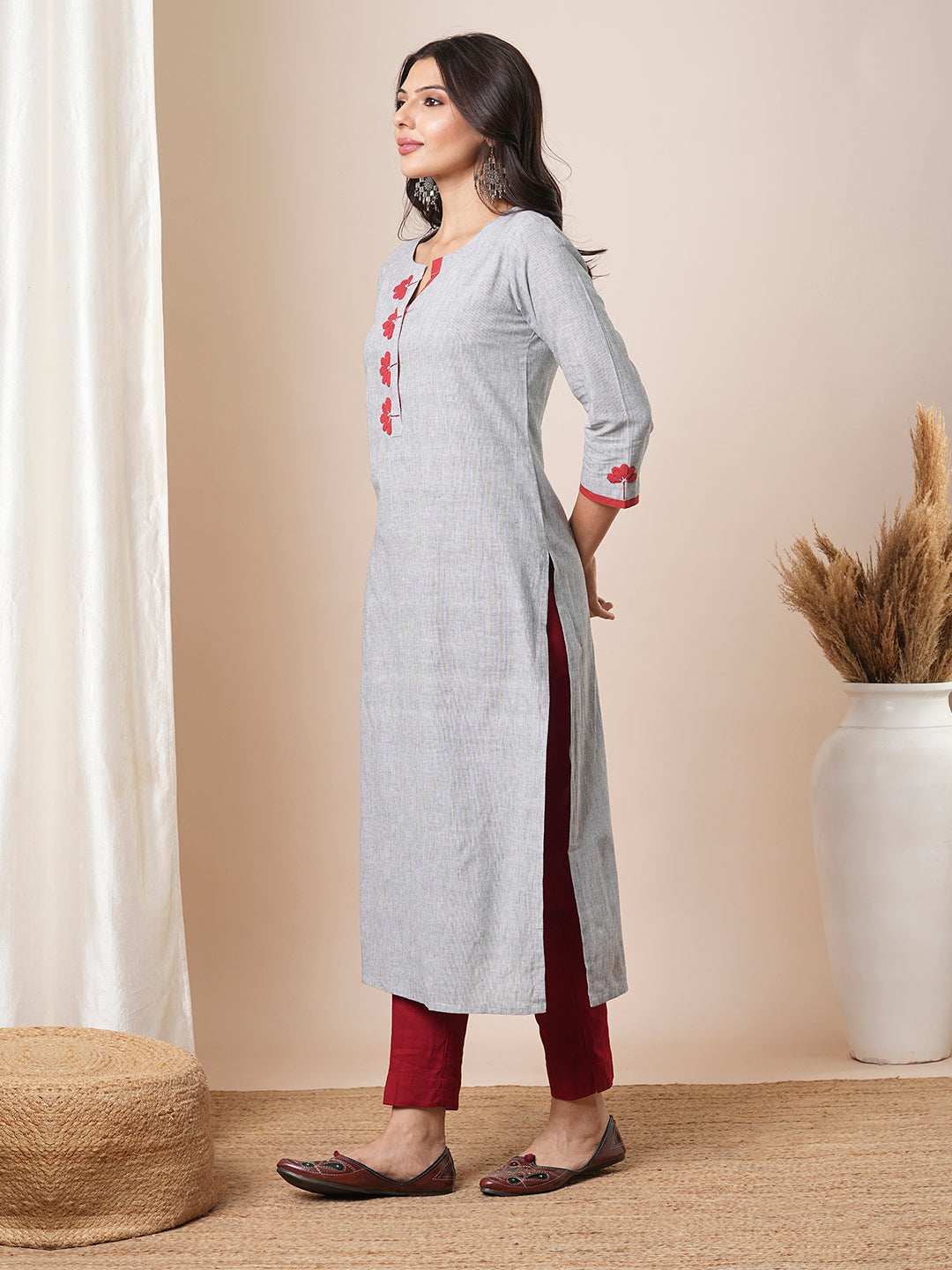Straight fit pin stripped kurta with applique work and bead works