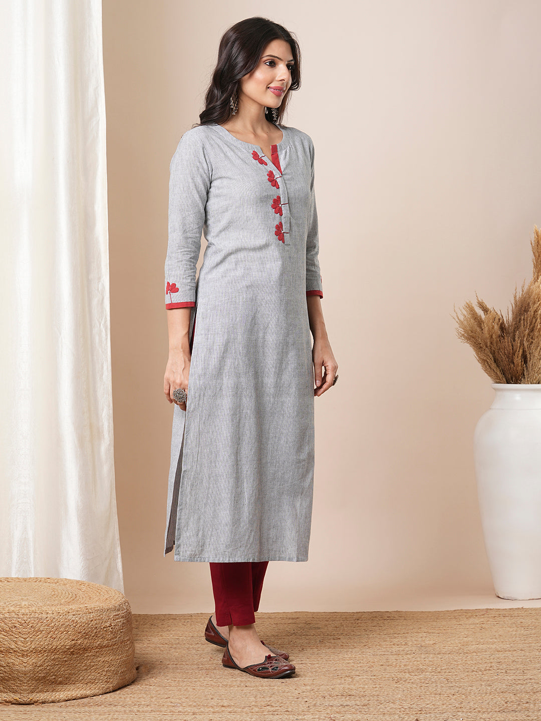 Straight fit pin stripped kurta with applique work and bead works