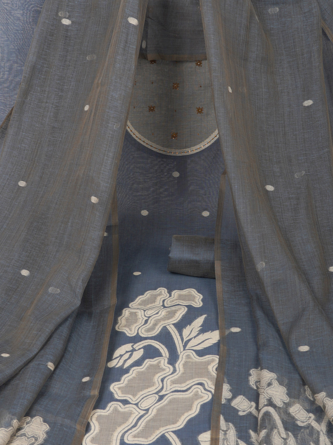 TASYA - Unstitched suit set with floral woven dupatta and woven yoke with delicate tikka work