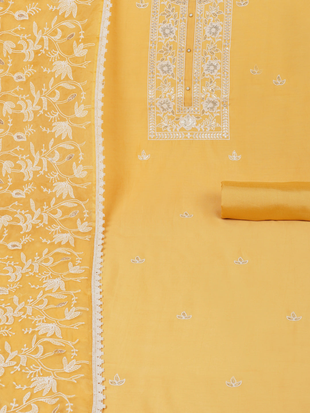 Party Edit- Unstitched suits set is elevated with delicate white thread embroidery and organza dupatta