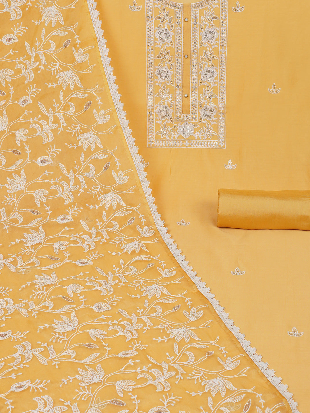 Party Edit- Unstitched suits set is elevated with delicate white thread embroidery and organza dupatta