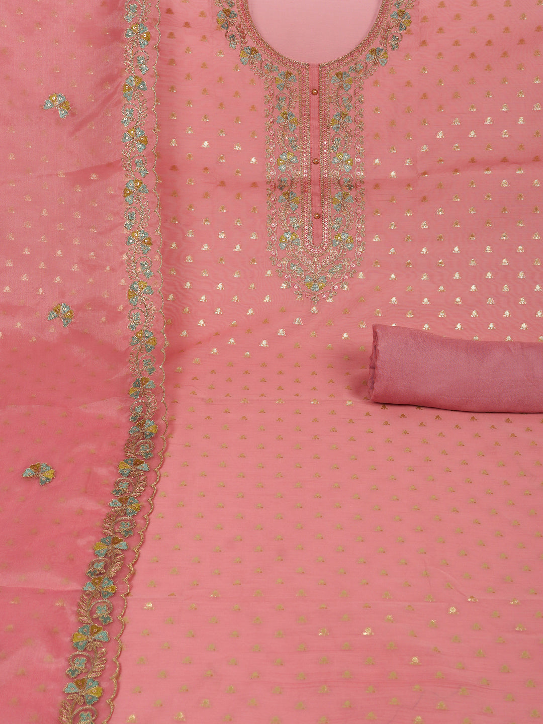 Party Edit- The unstitched dobby chanderi suit set features colourful resham and golden dori embroidery